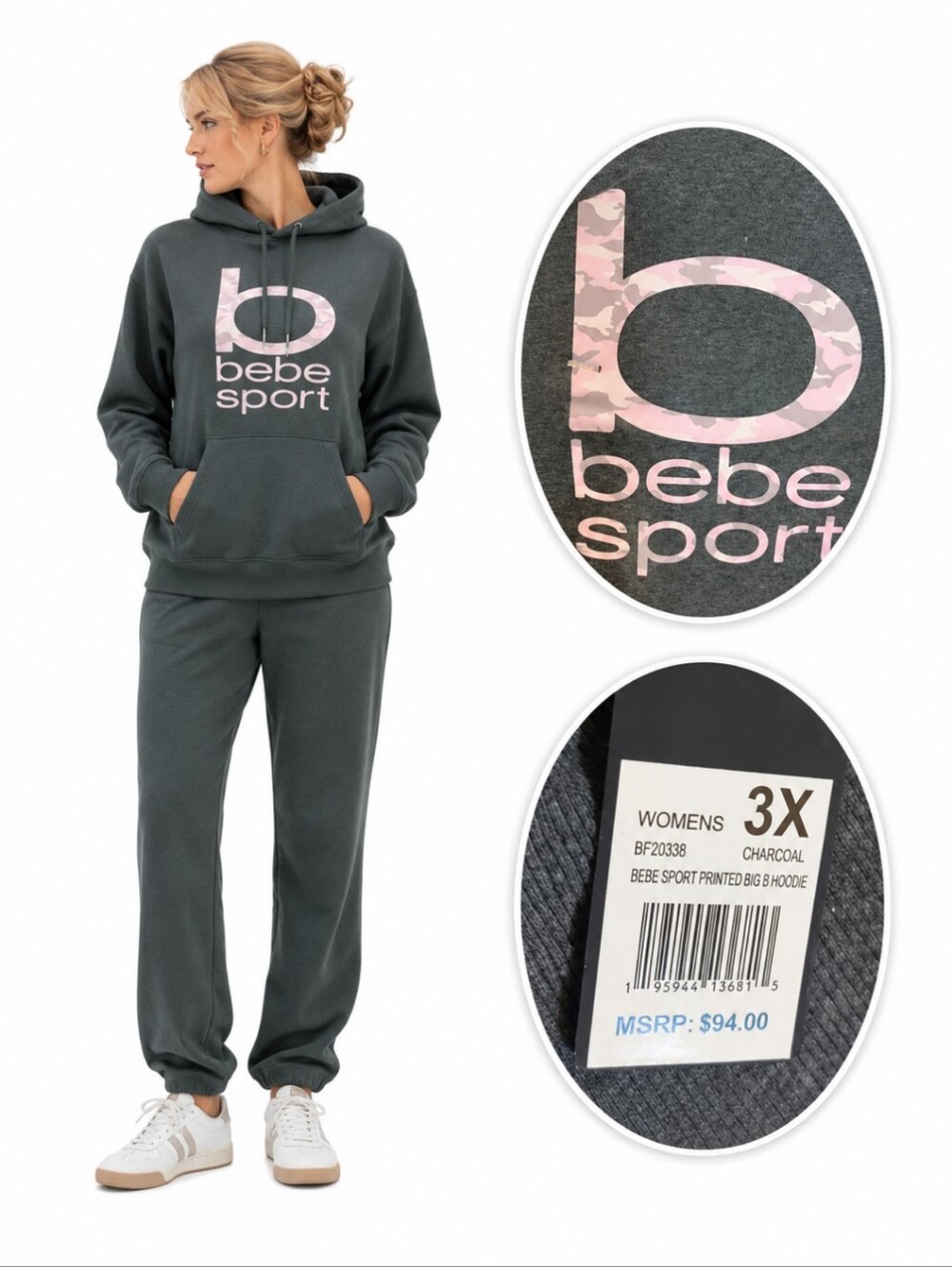 Bebe Sport Charcoal Pink Camo Logo Fleece Pullover Hoodie Plus Size 3X NWT